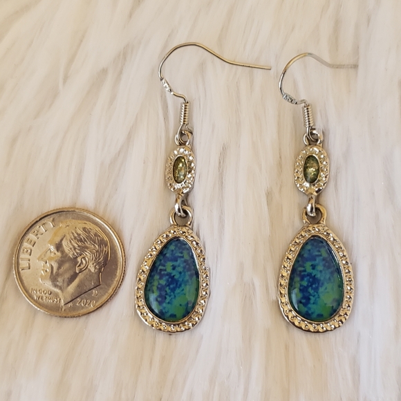 Silvertone Blue Green Stone Dangle Earrings - Picture 3 of 4